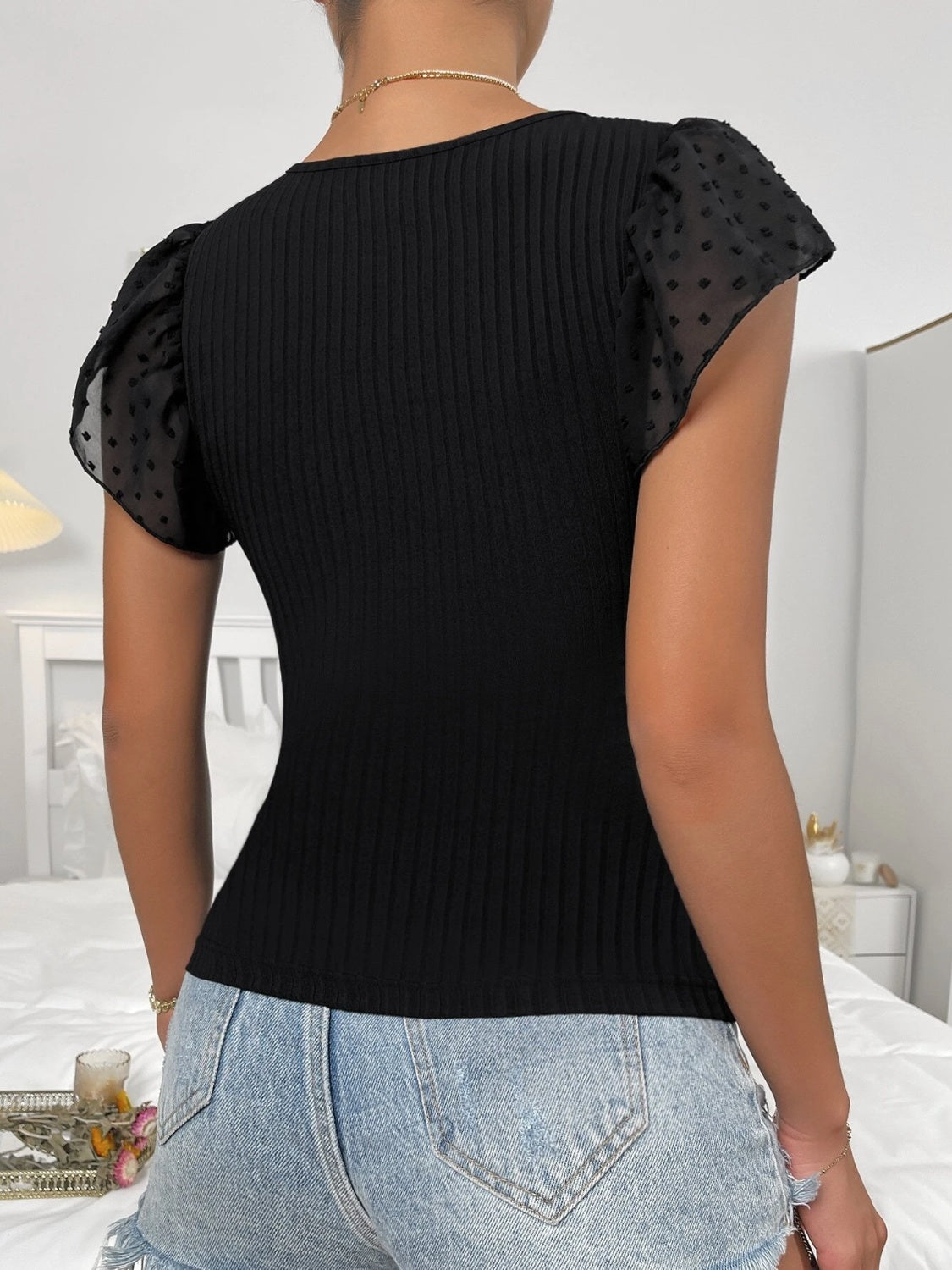 Swiss Dot Round Neck Cap Sleeve Top