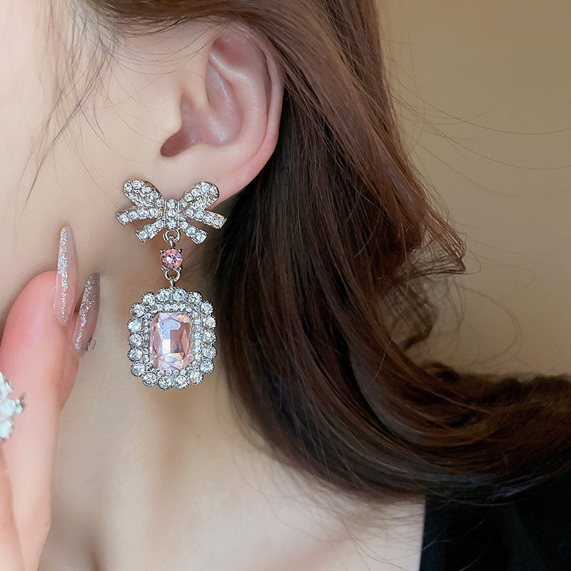 Pink Crystal Bow Pendent Earrings 🎀